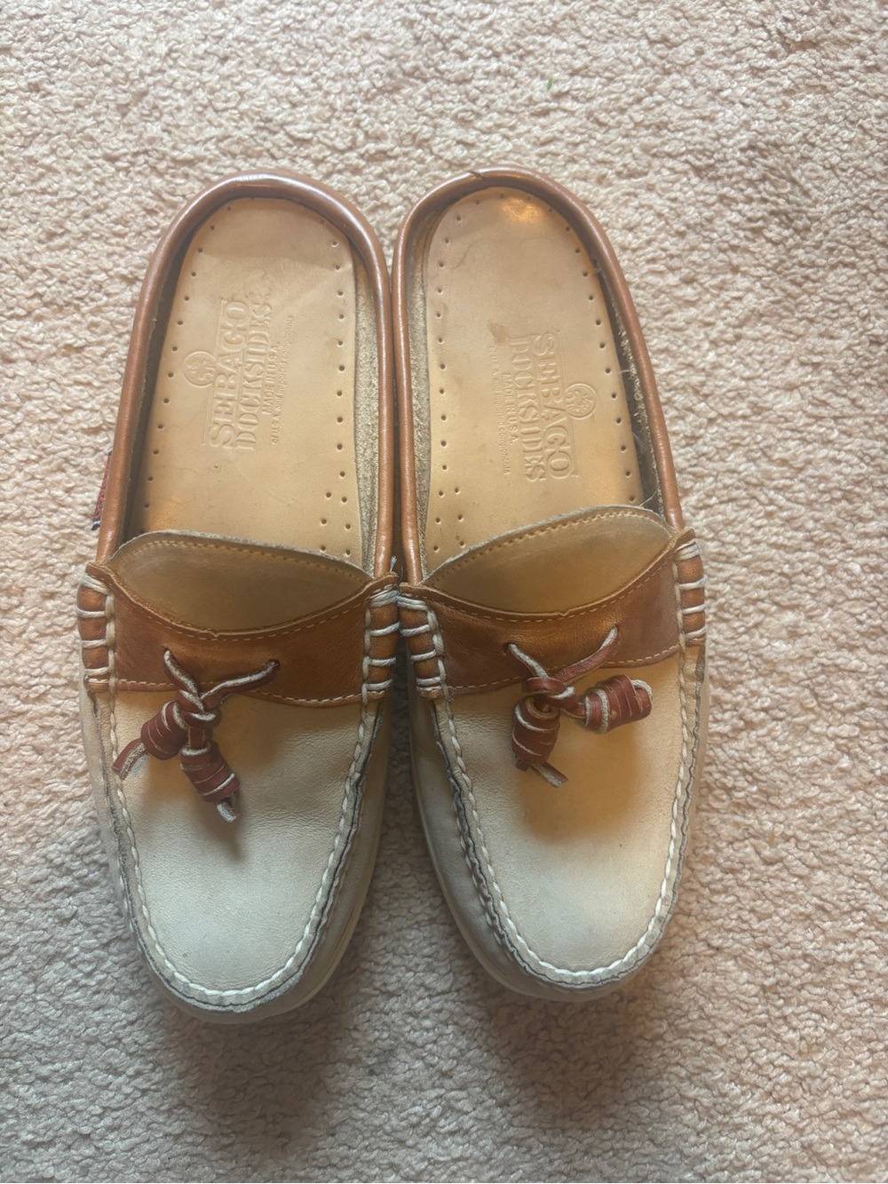 Vintage Sebago Two-Tone Brown & Cream dockside Leather Boat Shoes size 7